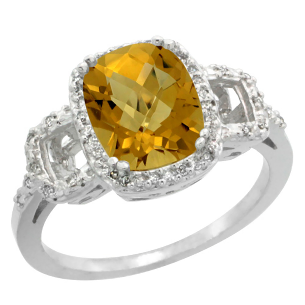14K White Gold Diamond Natural Whisky Quartz Ring Cushion-cut 9x7mm, sizes 5-10