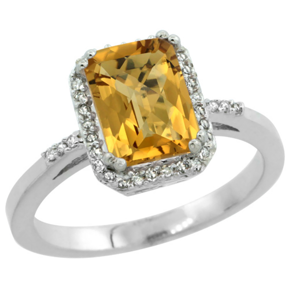 14K White Gold Diamond Natural Whisky Quartz Ring Emerald-cut 8x6mm, sizes 5-10