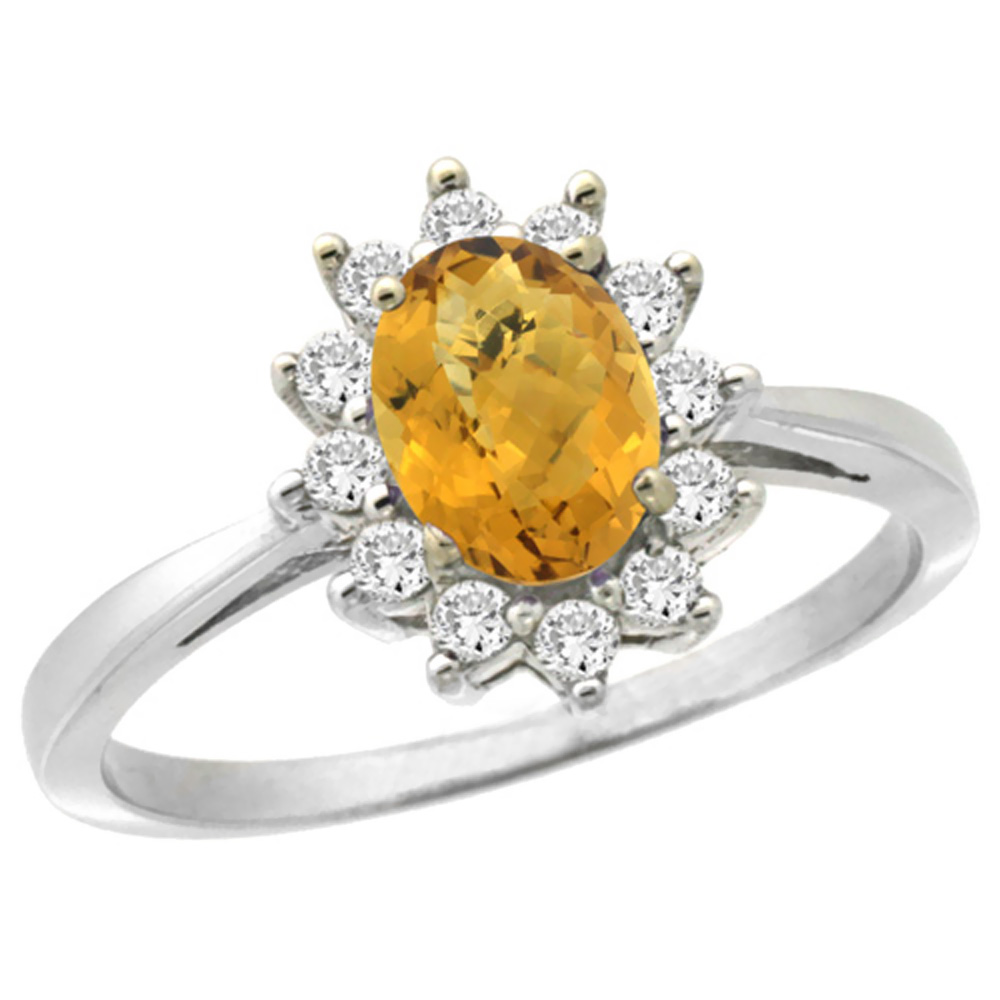 14K White Gold Natural Whisky Quartz Engagement Ring Oval 7x5mm Diamond Halo, sizes 5-10