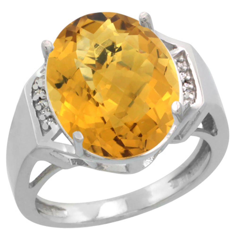 14K White Gold Diamond Natural Whisky Quartz Ring Oval 16x12mm, sizes 5-10