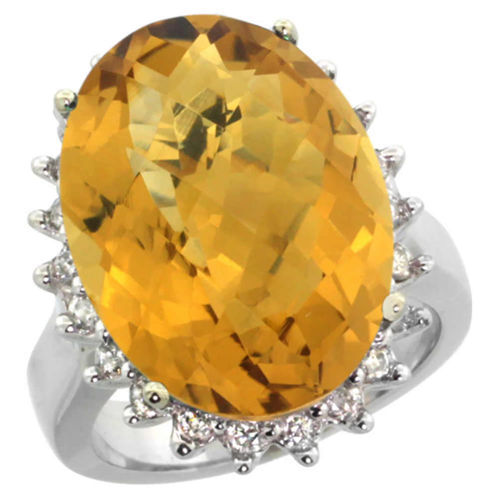 14k White Gold Diamond Halo Natural Whisky Quartz Ring Large Oval 18x13mm, sizes 5-10