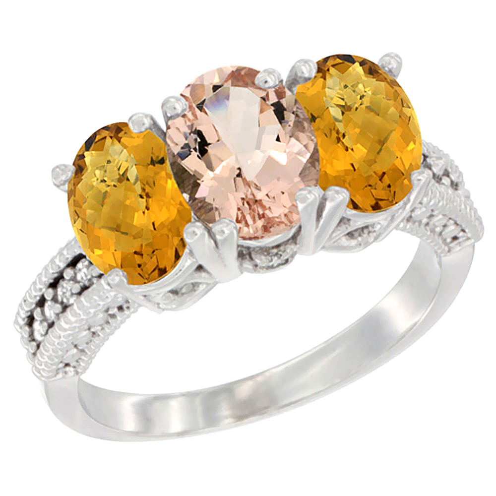 10K White Gold Diamond Natural Morganite & Whisky Quartz Ring 3-Stone 7x5 mm Oval, sizes 5 - 10