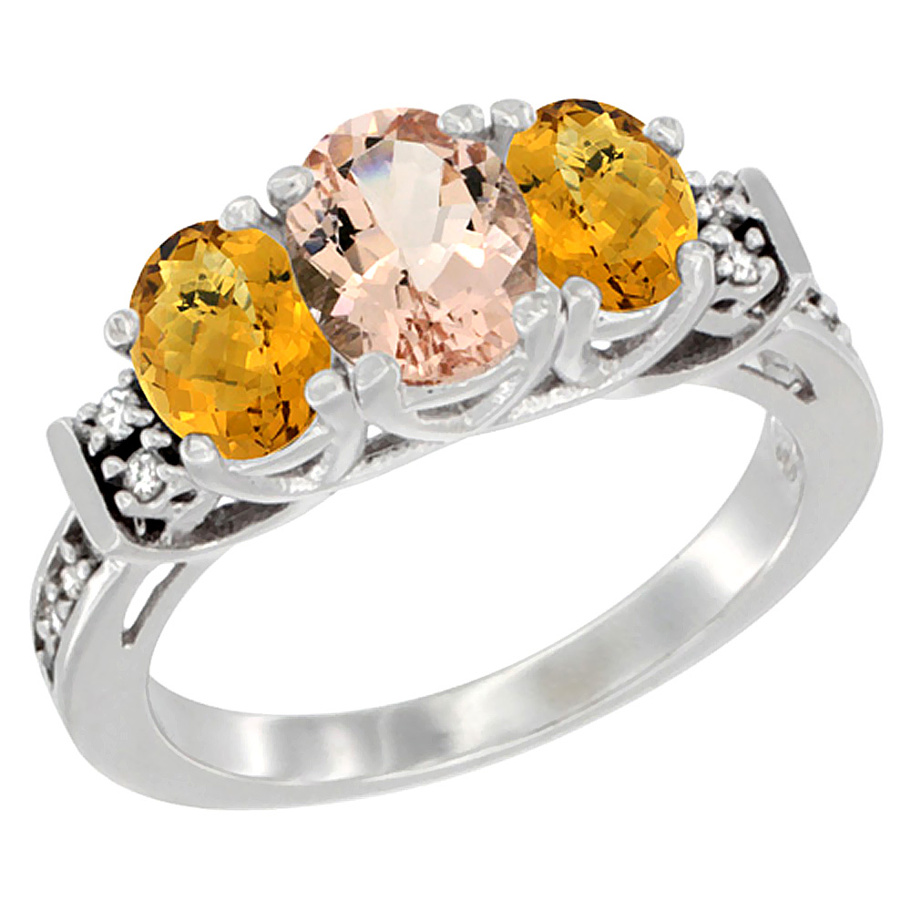 14K White Gold Natural Morganite & Whisky Quartz Ring 3-Stone Oval Diamond Accent, sizes 5-10