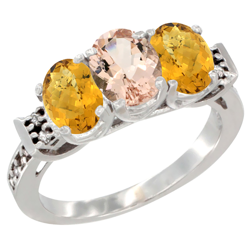 14K White Gold Natural Morganite &amp; Whisky Quartz Ring 3-Stone 7x5 mm Oval Diamond Accent, sizes 5 - 10