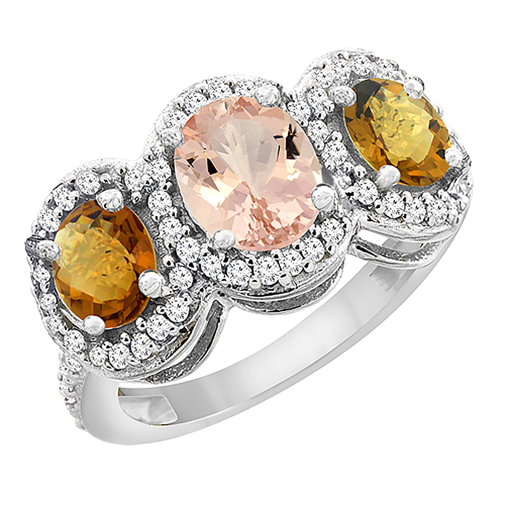 14K White Gold Natural Morganite &amp; Whisky Quartz 3-Stone Ring Oval Diamond Accent, sizes 5 - 10