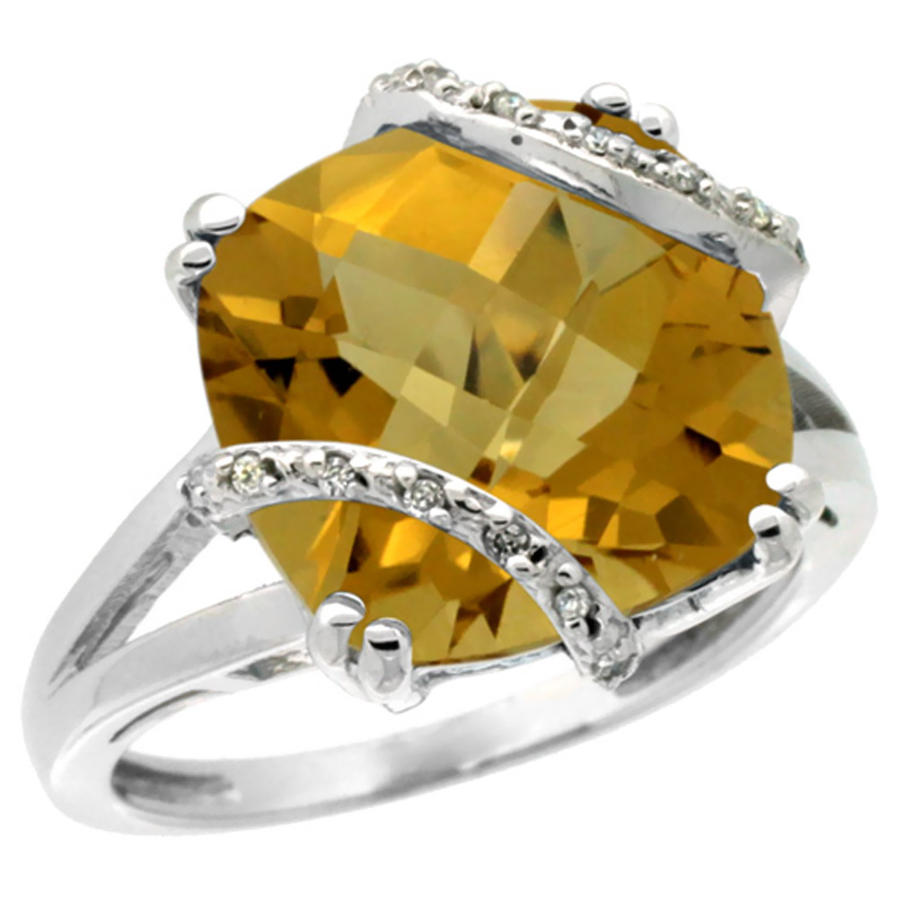 14K White Gold Natural Whisky Quartz Ring Cushion-cut 12x12mm Diamond Accent, sizes 5-10