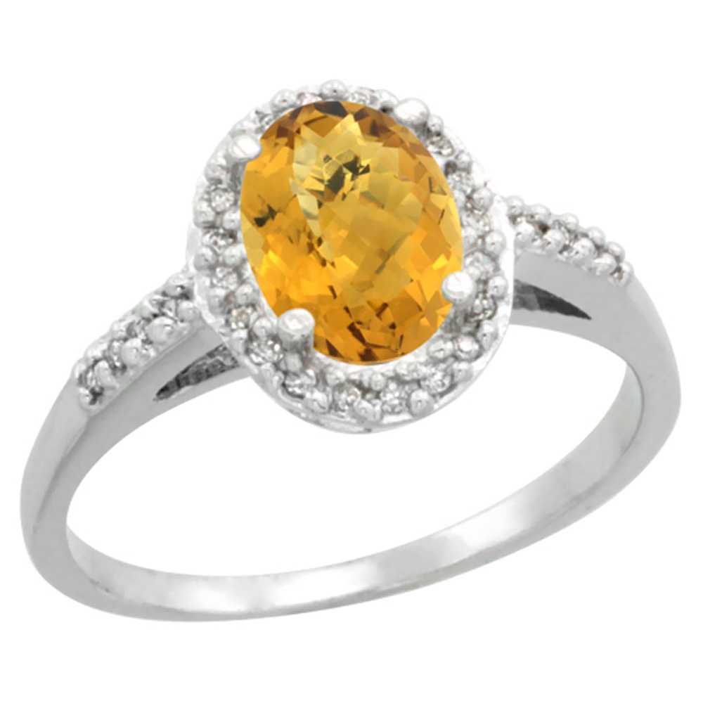 14K White Gold Diamond Natural Whisky Quartz Ring Oval 8x6mm, sizes 5-10