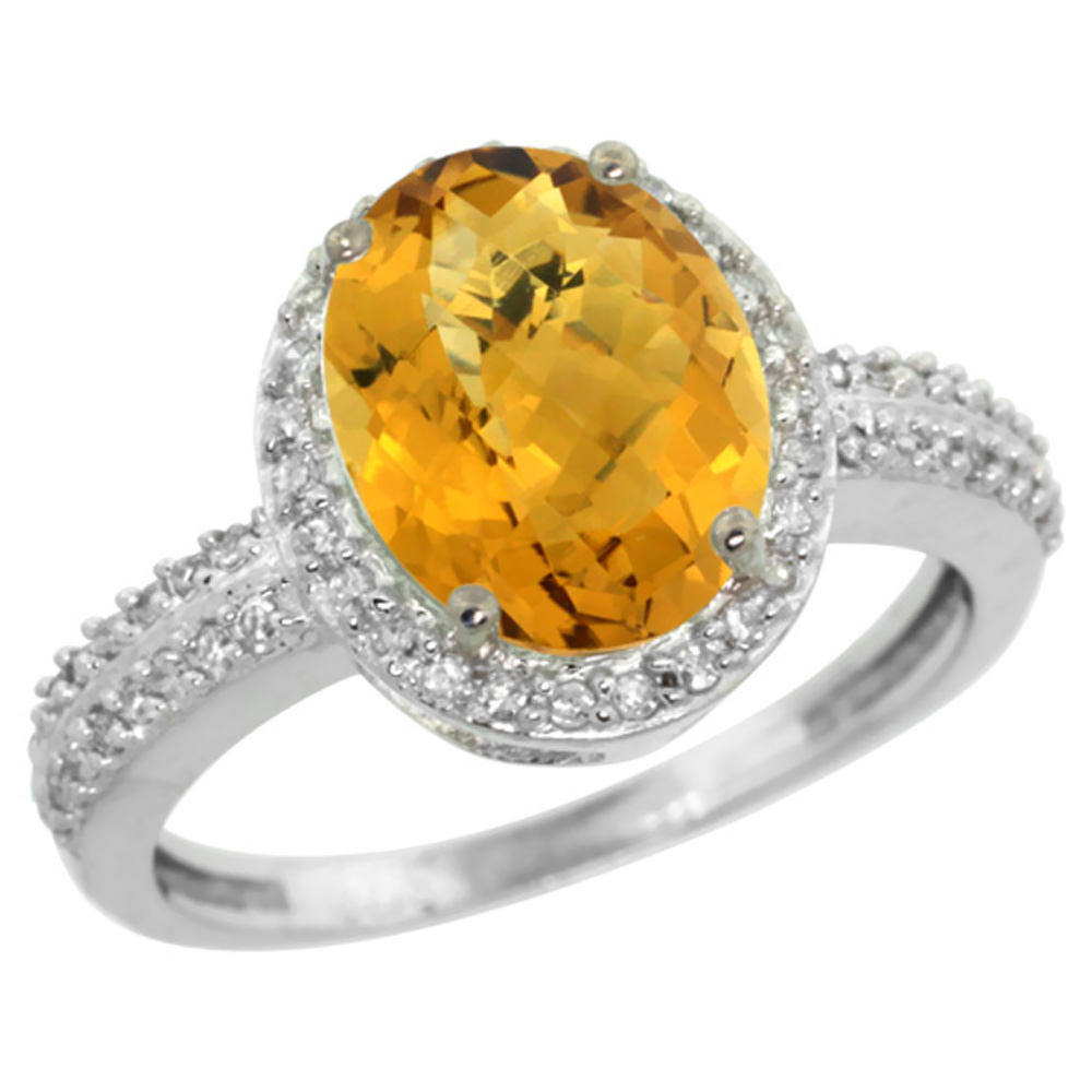 14K White Gold Diamond Natural Whisky Quartz Engagement Ring Oval 10x8mm, sizes 5-10