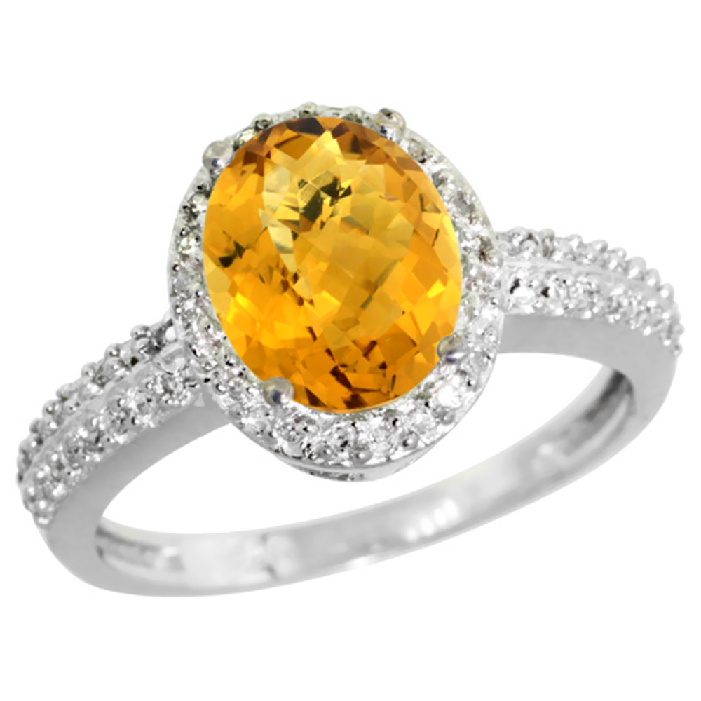 14K White Gold Diamond Natural Whisky Quartz Ring Oval 9x7mm, sizes 5-10