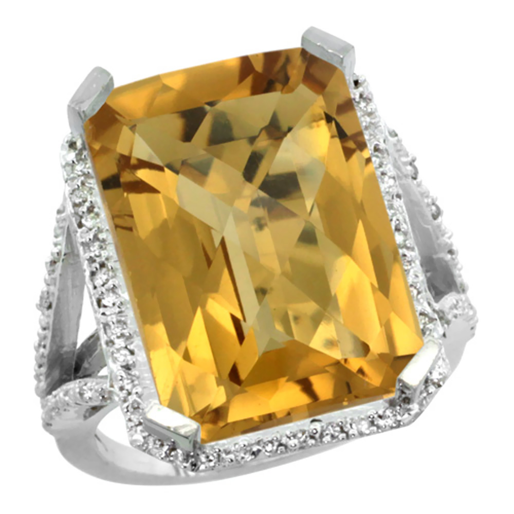 14K White Gold Diamond Natural Whisky Quartz Ring Emerald-cut 18x13mm, sizes 5-10