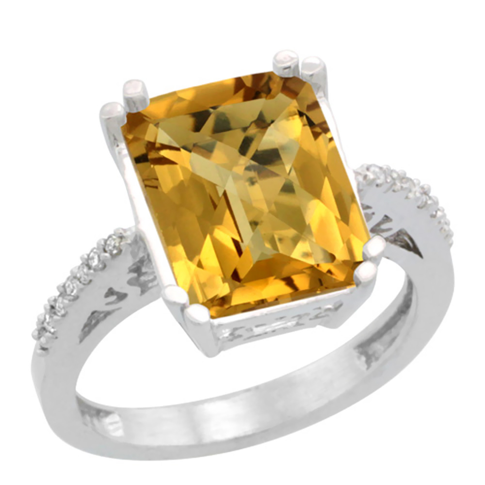 14K White Gold Diamond Natural Whisky Quartz Ring Emerald-cut 12x10mm, sizes 5-10