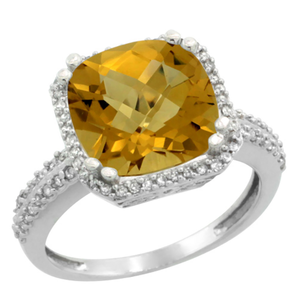 14K White Gold Natural Whisky Quartz Ring Cushion-cut 11x11mm Diamond Halo, sizes 5-10