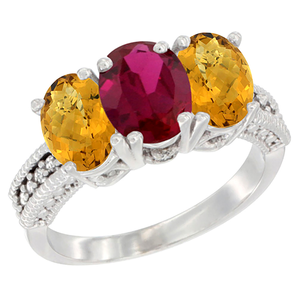 10K White Gold Diamond Enhanced Ruby Ring & Natural Whisky Quartz 3-Stone 7x5 mm Oval, sizes 5 - 10