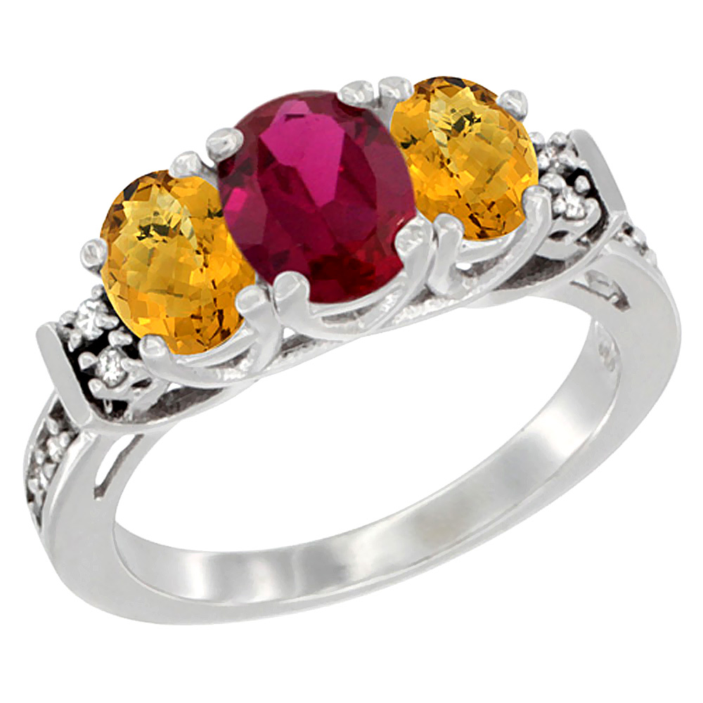 14K White Gold Enhanced Ruby & Natural Whisky Quartz Ring 3-Stone Oval Diamond Accent, sizes 5-10