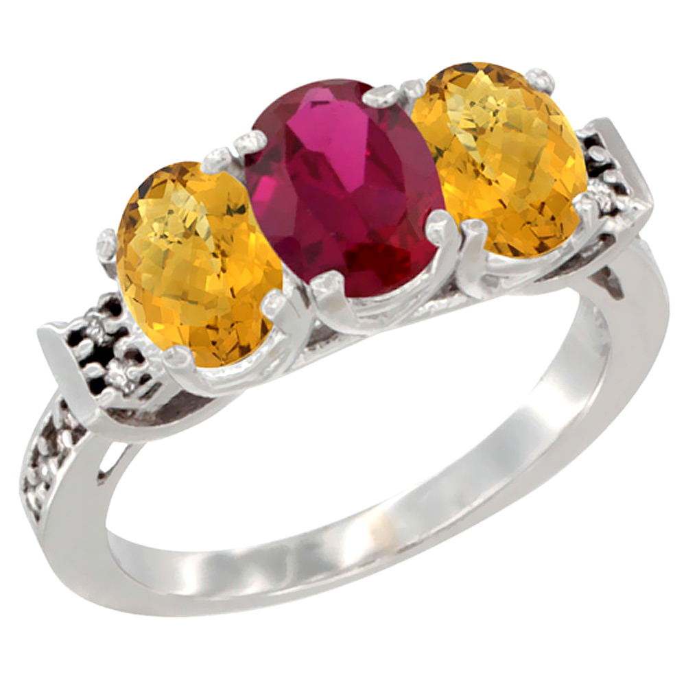 14K White Gold Enhanced Ruby & Natural Whisky Quartz Ring 3-Stone 7x5 mm Oval Diamond Accent, sizes 5 - 10