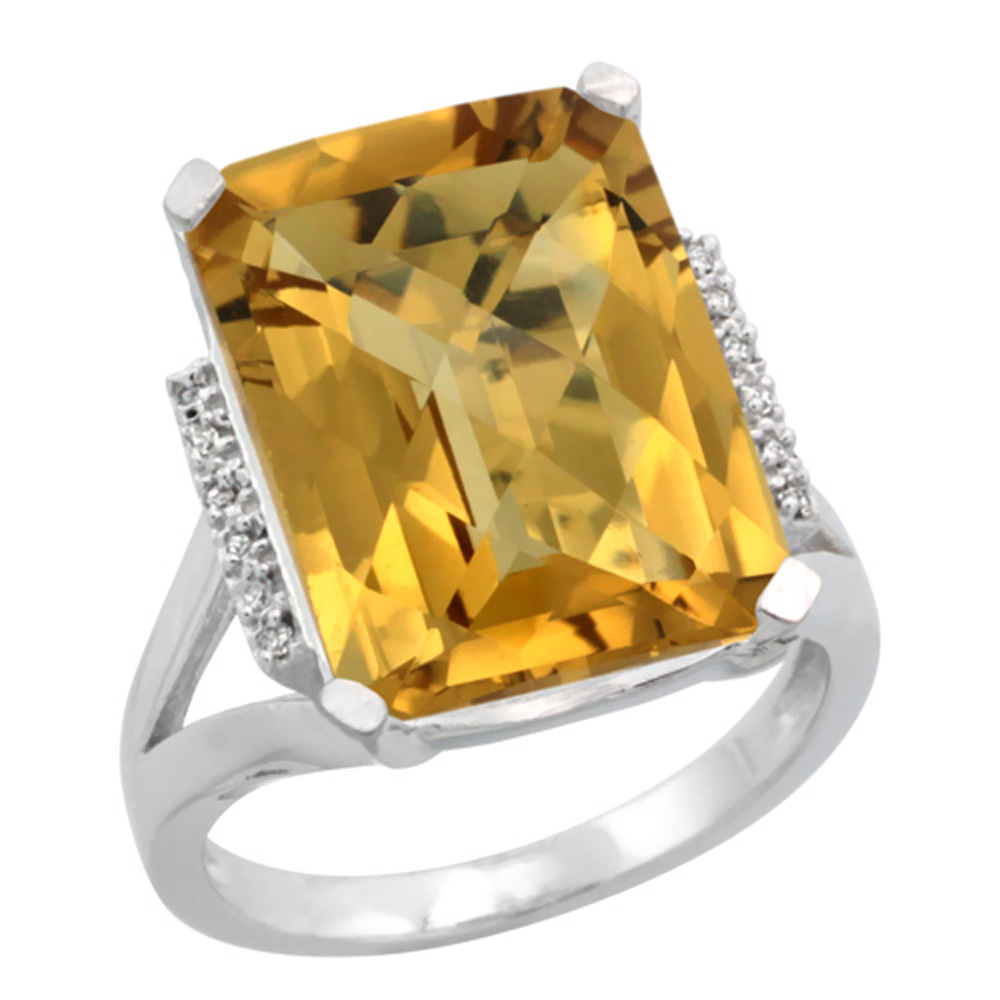 14K White Gold Diamond Natural Whisky Quartz Ring Emerald-cut 16x12mm, sizes 5-10