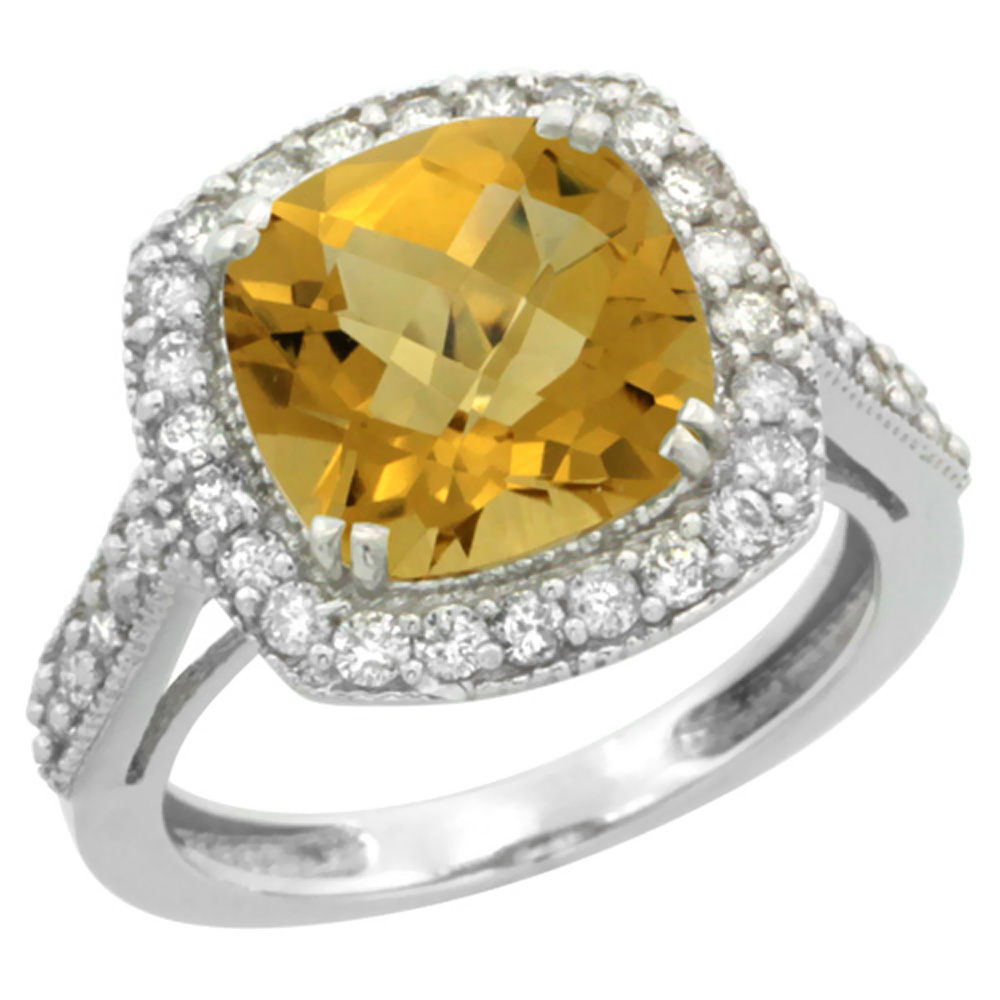 14K White Gold Natural Whisky Quartz Ring Cushion-cut 9x9mm Diamond Halo, sizes 5-10