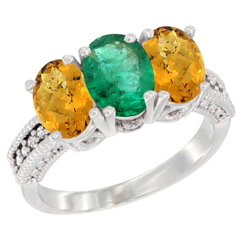 10K White Gold Diamond Natural Emerald & Whisky Quartz Ring 3-Stone 7x5 mm Oval, sizes 5 - 10