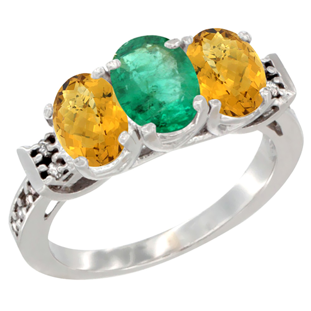 14K White Gold Natural Emerald & Whisky Quartz Ring 3-Stone 7x5 mm Oval Diamond Accent, sizes 5 - 10