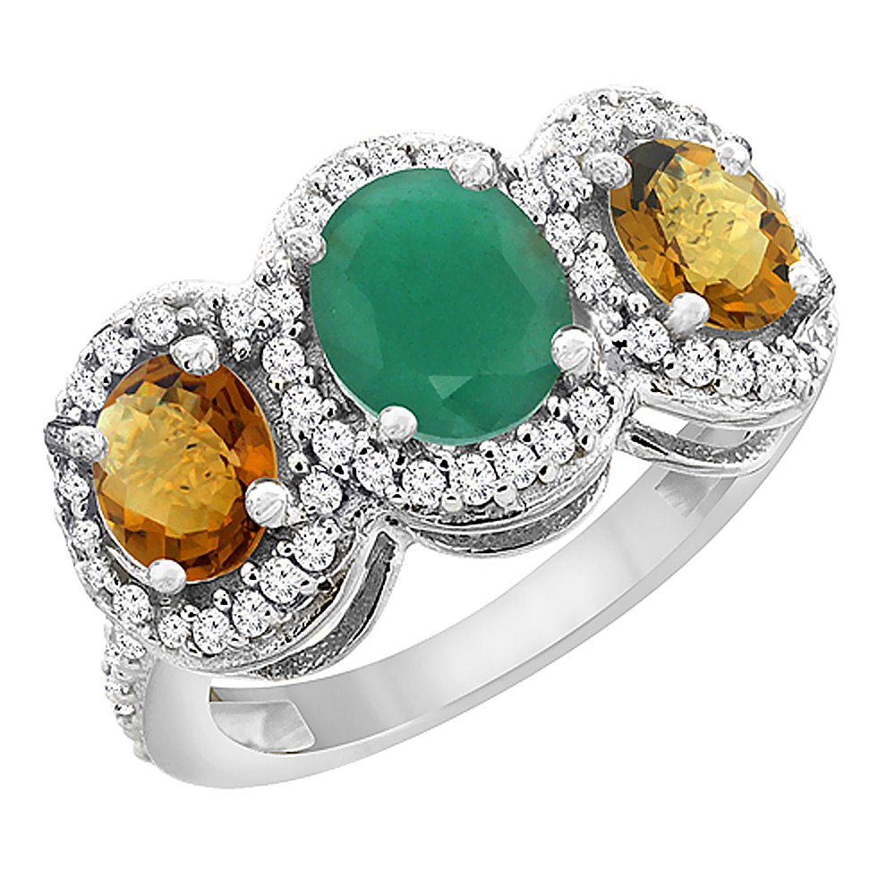 14K White Gold Natural Cabochon Emerald &amp; Whisky Quartz 3-Stone Ring Oval Diamond Accent, sizes 5 - 10