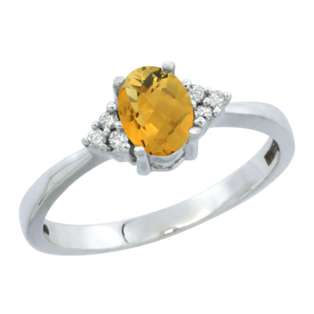 14K White Gold Natural Whisky Quartz Ring Oval 6x4mm Diamond Accent, sizes 5-10