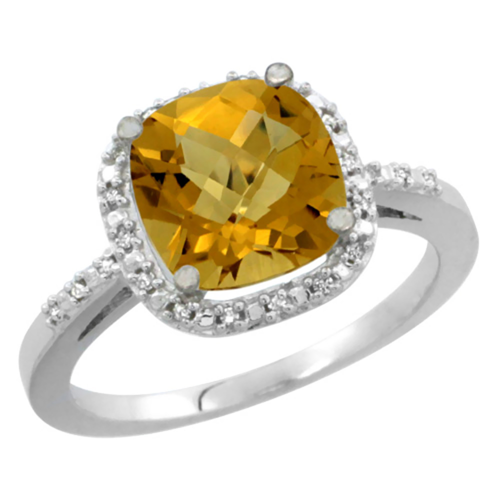 14K White Gold Natural Whisky Quartz Ring Cushion-cut 8x8mm Diamond Accent, sizes 5-10