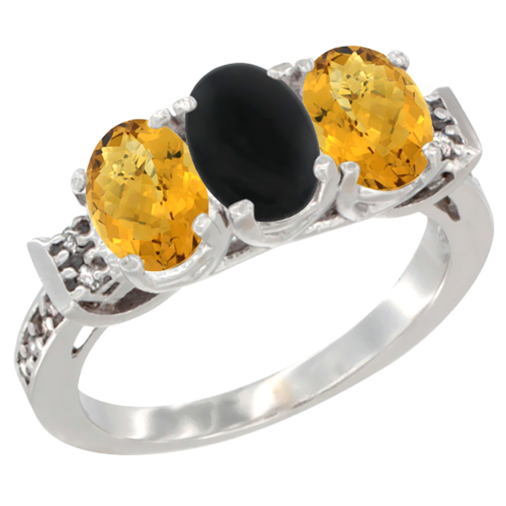 14K White Gold Natural Black Onyx &amp; Whisky Quartz Ring 3-Stone 7x5 mm Oval Diamond Accent, sizes 5 - 10