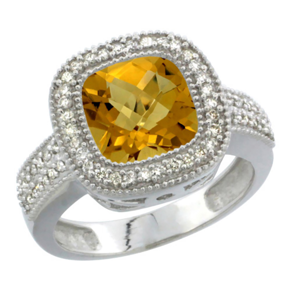 14K White Gold Natural Whisky Quartz Ring Diamond Accent, Cushion-cut 9x9mm Diamond Accent, sizes 5-10