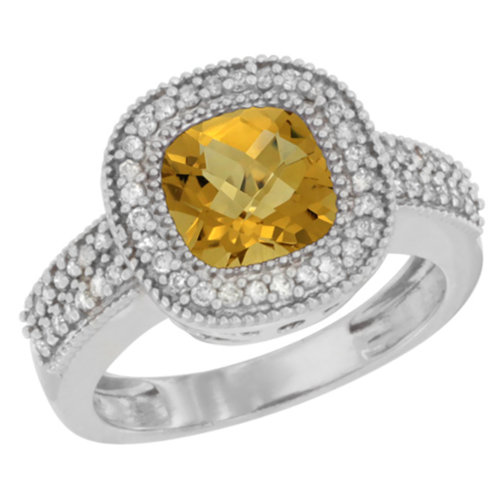 14K White Gold Natural Whisky Quartz Ring Cushion-cut 7x7mm Diamond Accent, sizes 5-10