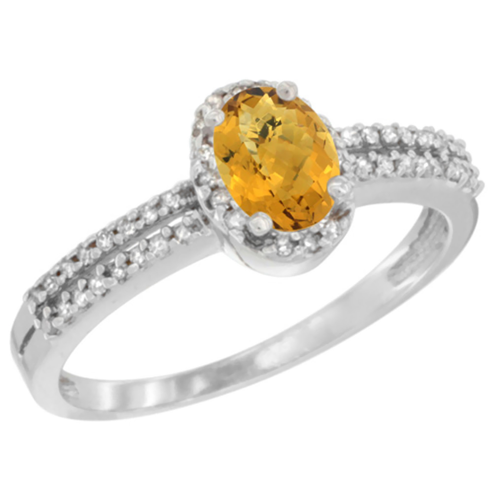 14K White Gold Natural Whisky Quartz Ring Oval 6x4mm Diamond Accent, sizes 5-10