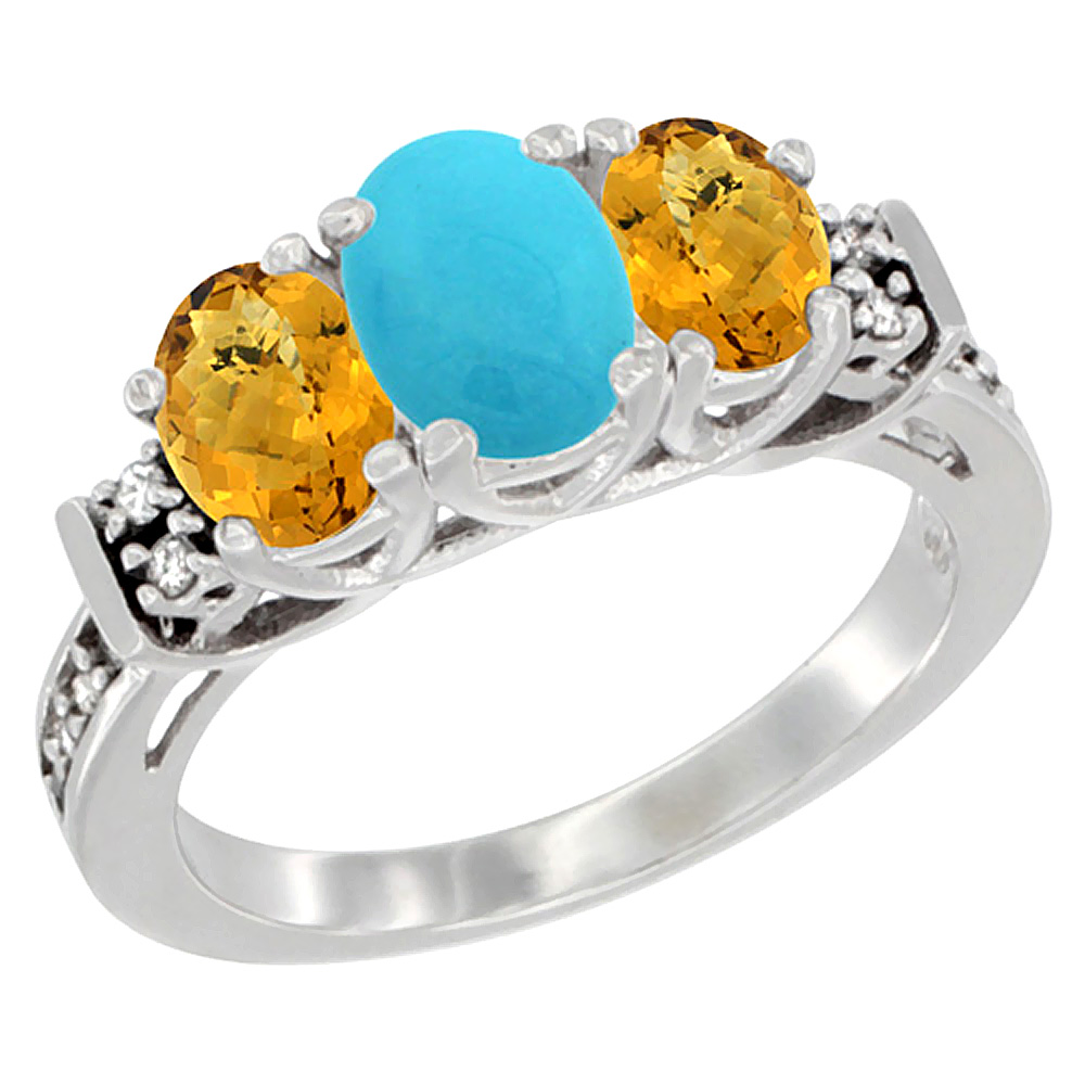 10K White Gold Natural Turquoise & Whisky Quartz Ring 3-Stone Oval Diamond Accent, sizes 5-10