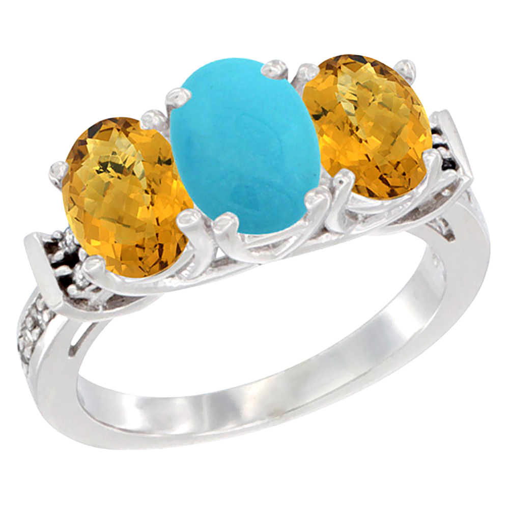 10K White Gold Natural Turquoise & Whisky Quartz Sides Ring 3-Stone Oval Diamond Accent, sizes 5 - 10