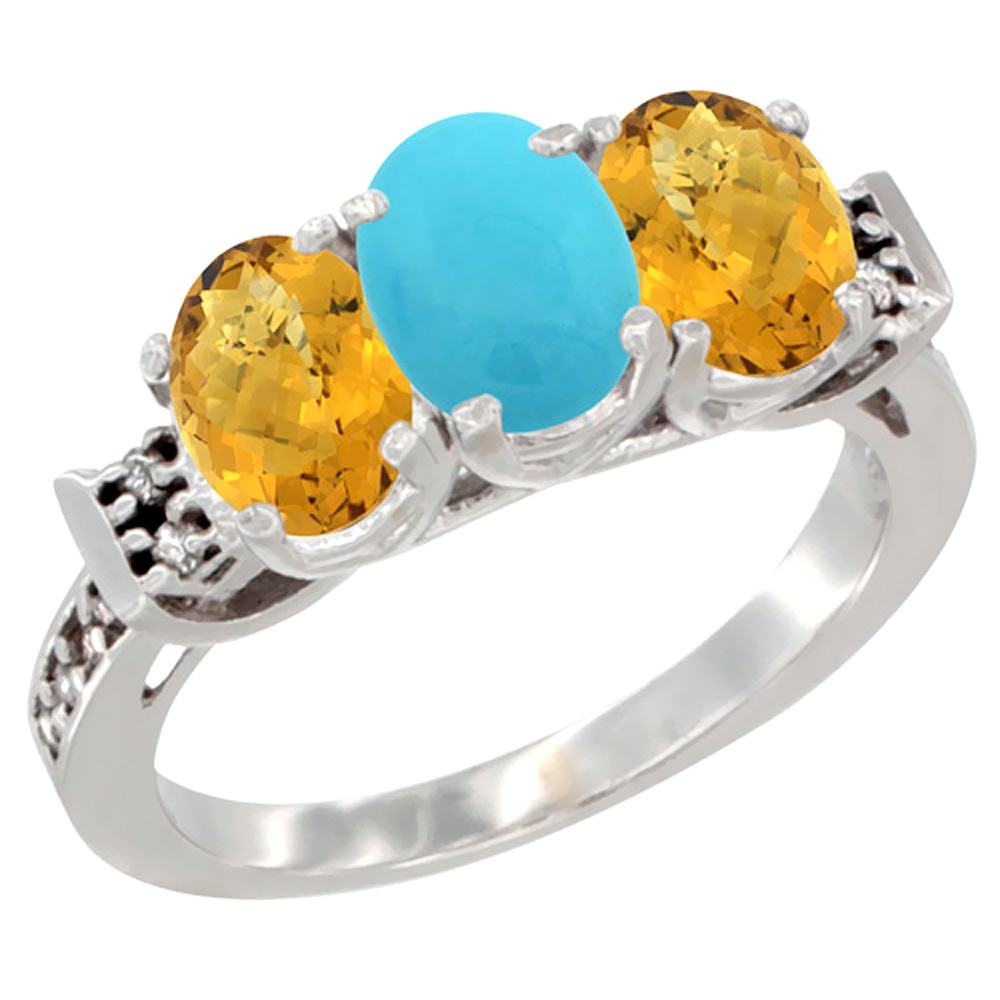 10K White Gold Natural Turquoise & Whisky Quartz Sides Ring 3-Stone Oval 7x5 mm Diamond Accent, sizes 5 - 10