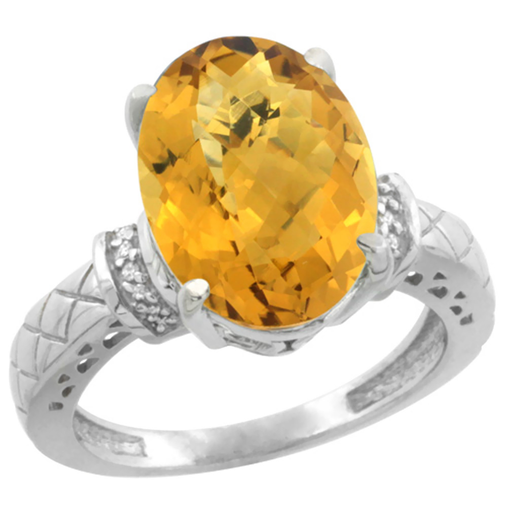 14K White Gold Diamond Natural Whisky Quartz Ring Oval 14x10mm, sizes 5-10