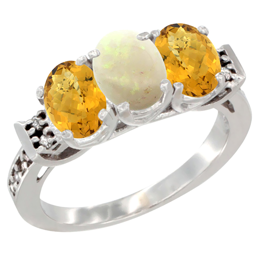 10K White Gold Natural Opal & Whisky Quartz Sides Ring 3-Stone Oval 7x5 mm Diamond Accent, sizes 5 - 10