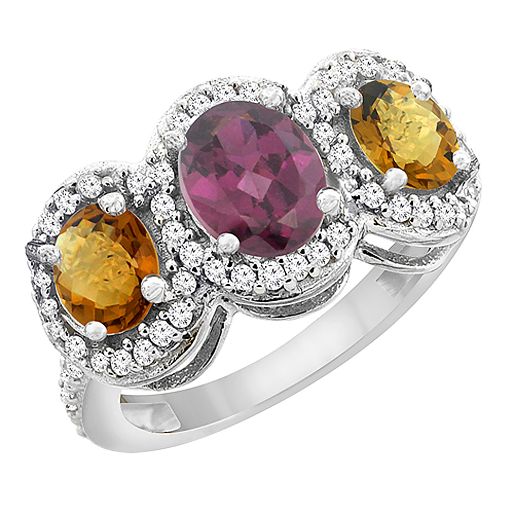 14K White Gold Natural Rhodolite & Whisky Quartz 3-Stone Ring Oval Diamond Accent, sizes 5 - 10