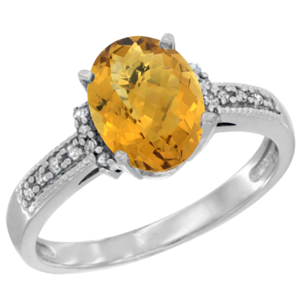 14K Yellow Gold Natural Whisky Quartz Ring Oval 9x7 mm Diamond Accent, sizes 5 - 10