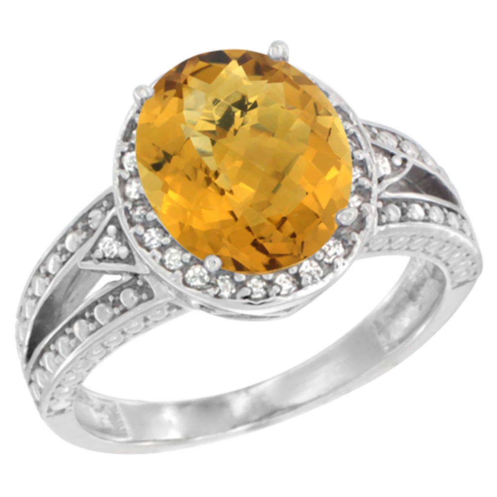 10k Yellow Gold Natural Whisky Quartz Ring Oval 9x7 mm Diamond Halo, sizes 5 - 10