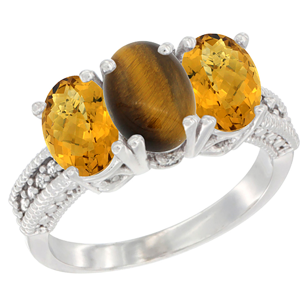 10K White Gold Diamond Natural Tiger Eye &amp; Whisky Quartz Ring 3-Stone 7x5 mm Oval, sizes 5 - 10