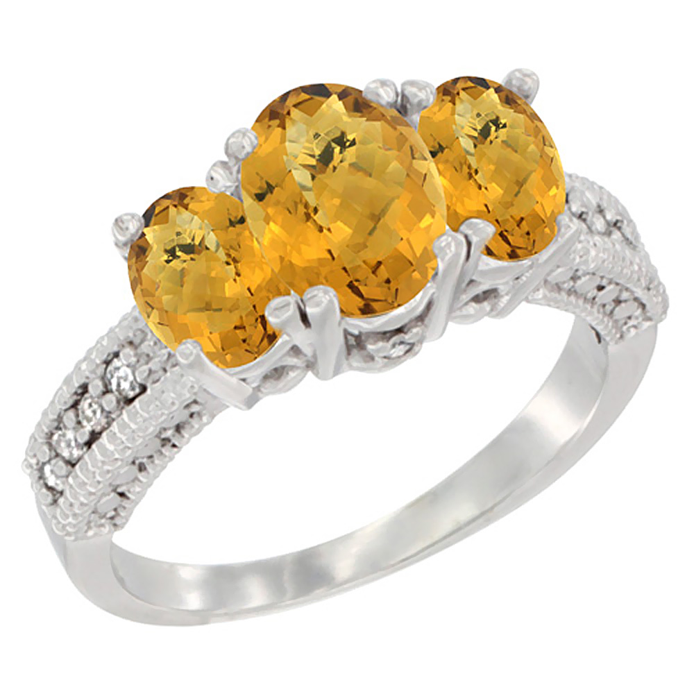 14K White Gold Diamond Natural Whisky Quartz Ring Oval 3-stone, sizes 5 - 10