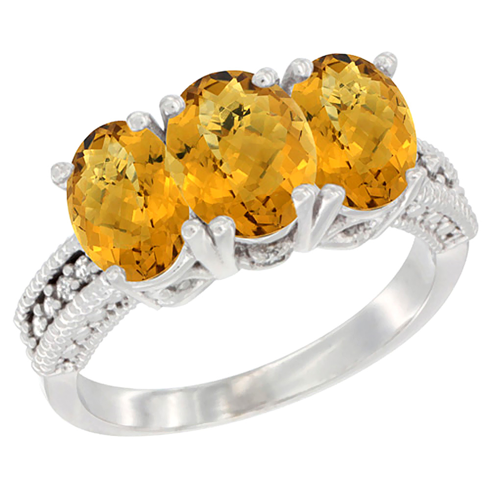 14K White Gold Natural Whisky Quartz Ring 3-Stone 7x5 mm Oval Diamond Accent, sizes 5 - 10