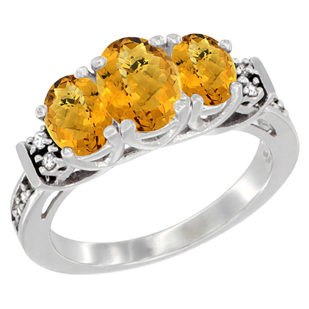 14K White Gold Natural Whisky Quartz Ring 3-Stone Oval Diamond Accent, sizes 5-10