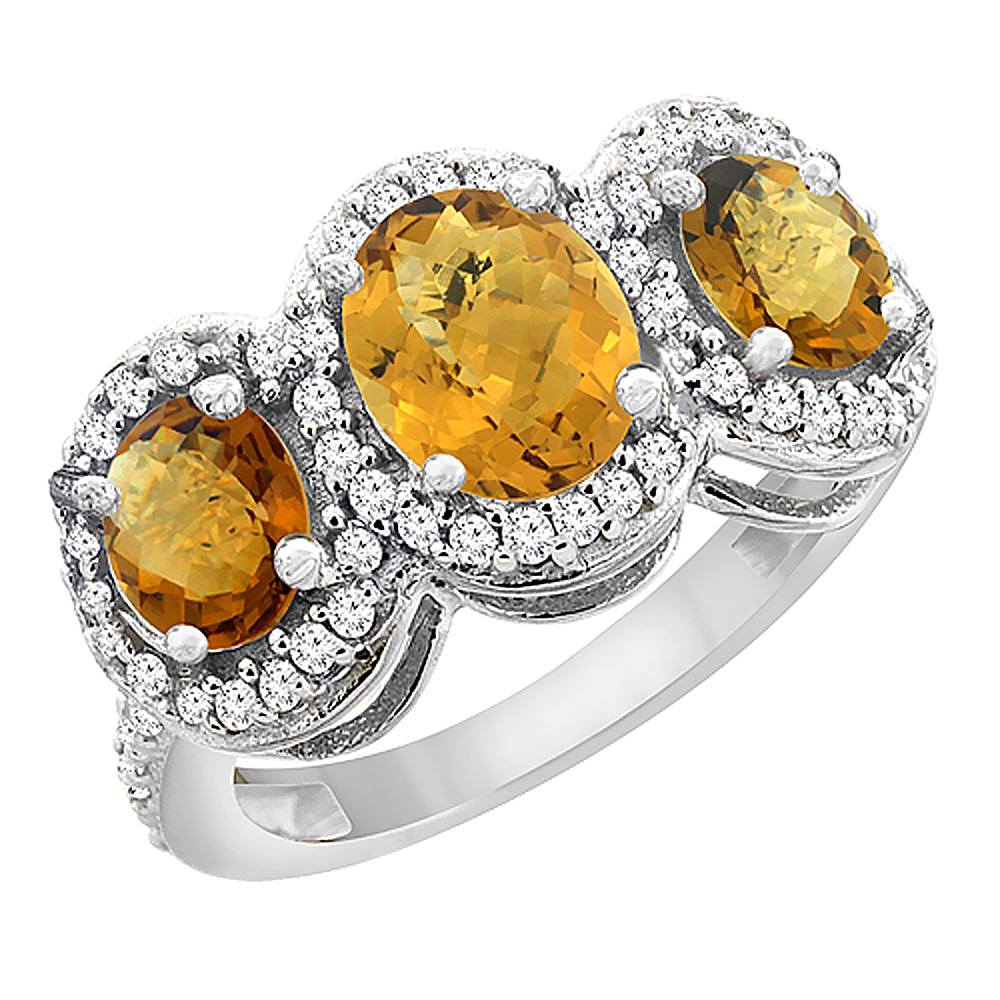 14K White Gold Natural Whisky Quartz 3-Stone Ring Oval Diamond Accent, sizes 5 - 10