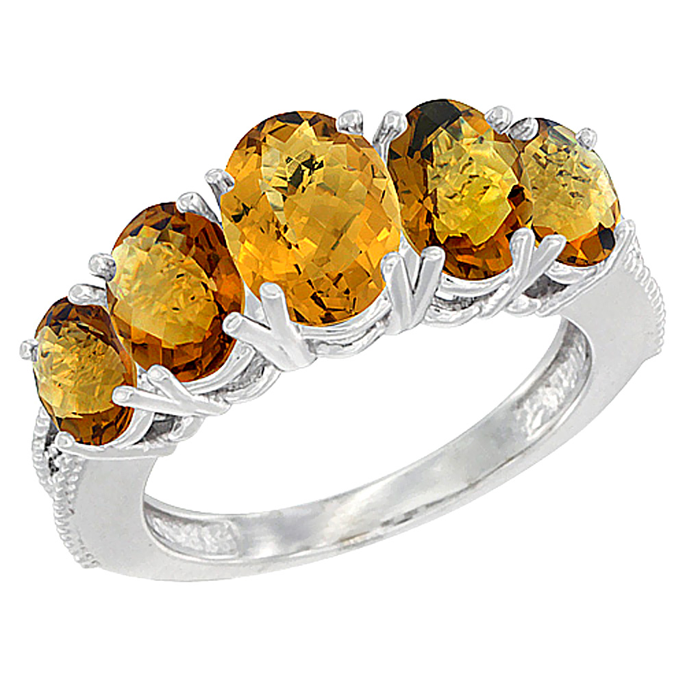 10K White Gold Diamond Natural Whisky Quartz Ring 5-stone Oval 8x6 Ctr,7x5,6x4 sides, sizes 5 - 10