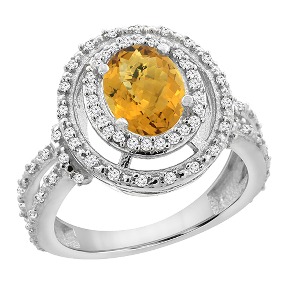 10K Yellow Gold Natural Whisky Quartz Ring Oval 8x6 mm Double Halo Diamond, sizes 5 - 10