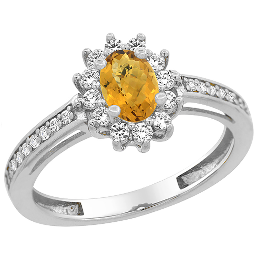 14K White Gold Natural Whisky Quartz Flower Halo Ring Oval 6x4mm Diamond Accents, sizes 5 - 10