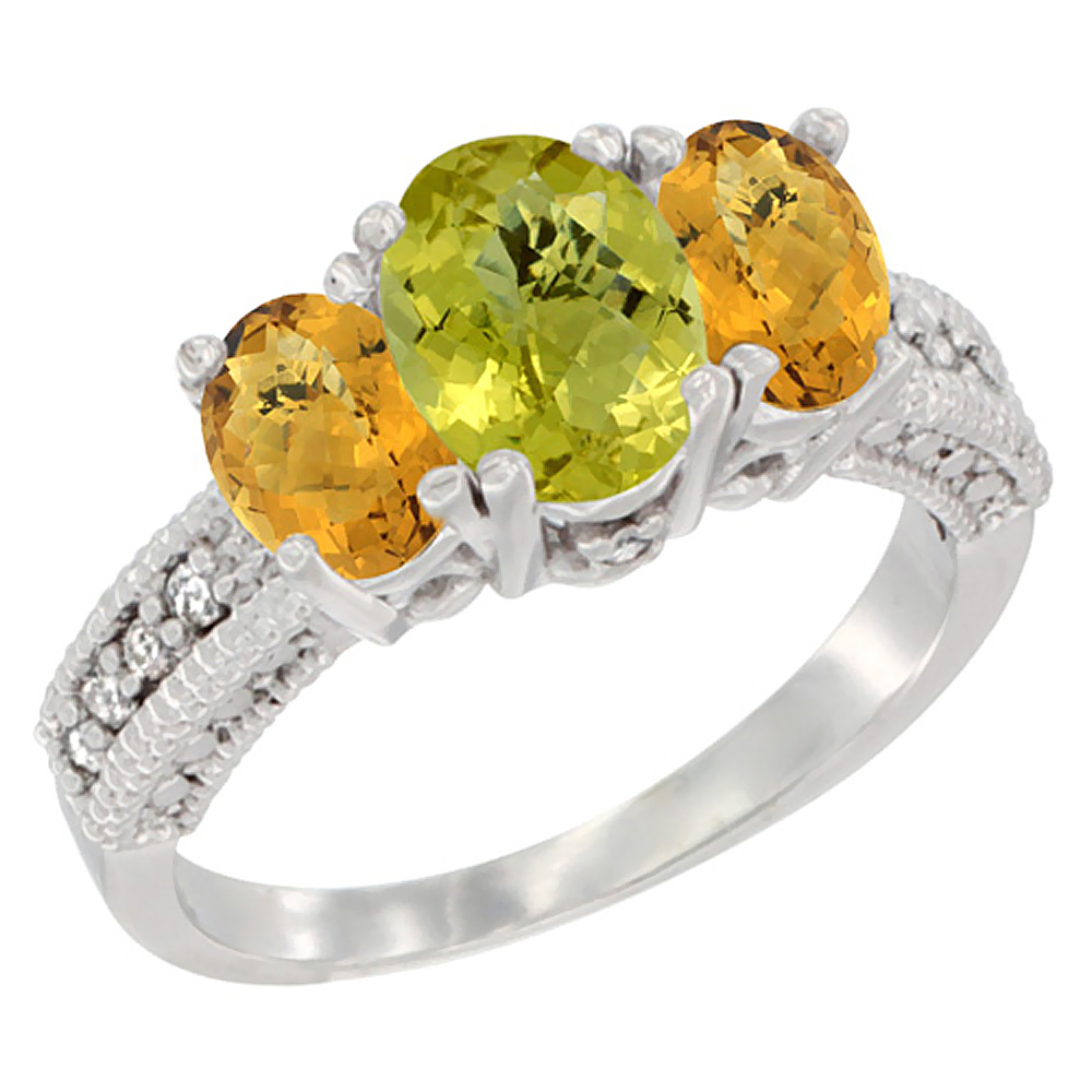 10K White Gold Diamond Natural Lemon Quartz Ring Oval 3-stone with Whisky Quartz, sizes 5 - 10