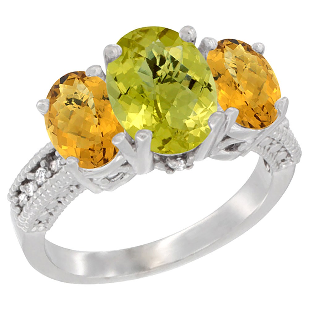 10K White Gold Diamond Natural Lemon Quartz Ring 3-Stone Oval 8x6mm with Whisky Quartz, sizes5-10