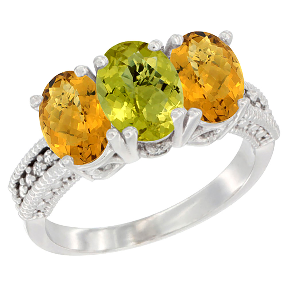 14K White Gold Natural Lemon Quartz Ring with Whisky Quartz 3-Stone 7x5 mm Oval Diamond Accent, sizes 5 - 10