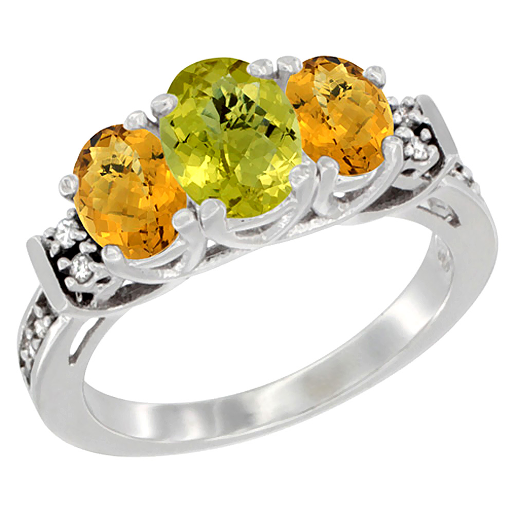 10K White Gold Natural Lemon Quartz & Whisky Quartz Ring 3-Stone Oval Diamond Accent, sizes 5-10